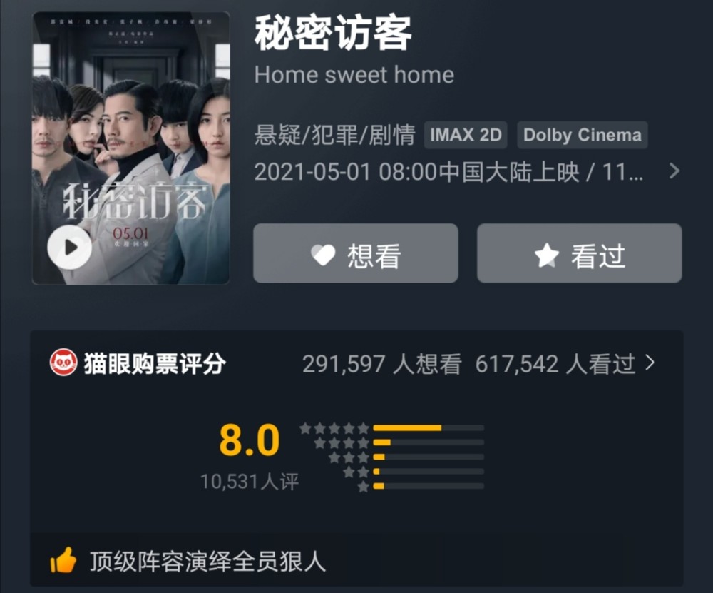 秘密访客猫眼评分80段奕宏表演太真实惊呆导演网友又爽又怕