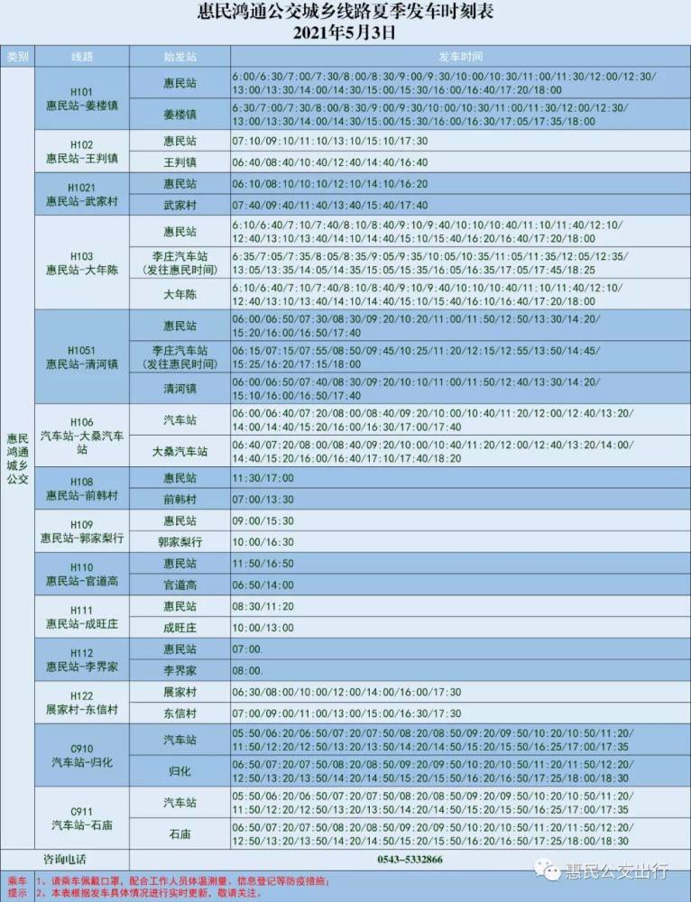 滨州惠民公交城乡线路5月3日起调整夏季发车时间