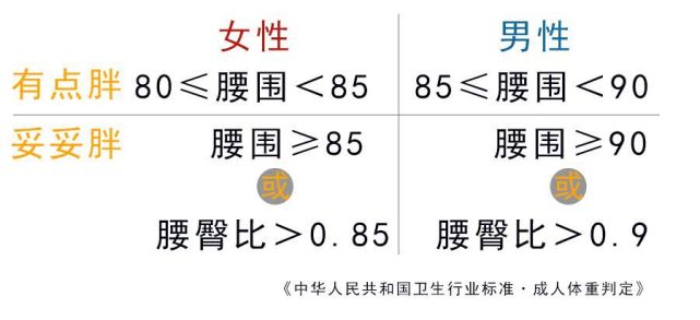 我国成人腹型肥胖的判断临界点为:腰围,女性≥85厘米,男性≥90厘米
