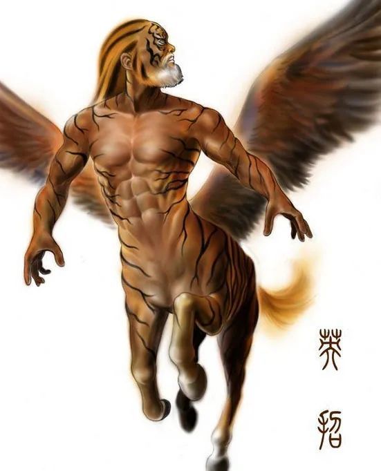 据《山海经》记载:神英招司之,其状马身而人面,虎文而鸟翼· 英招