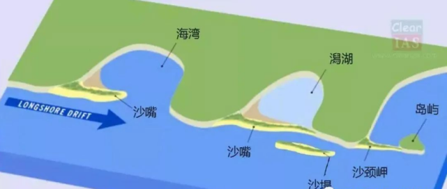 陆地河流带来大量的泥沙沉积在沿海地区,当海洋潮水向岸边运动时,推动