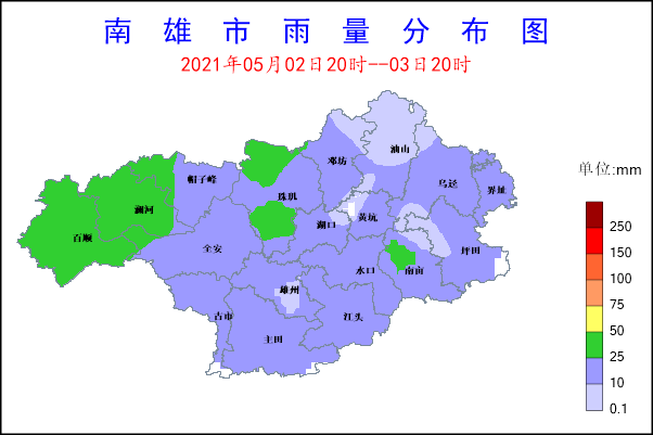 (南雄市5月2日20时至3日20时雨量分布图)在降水的影响下,今天我市气温