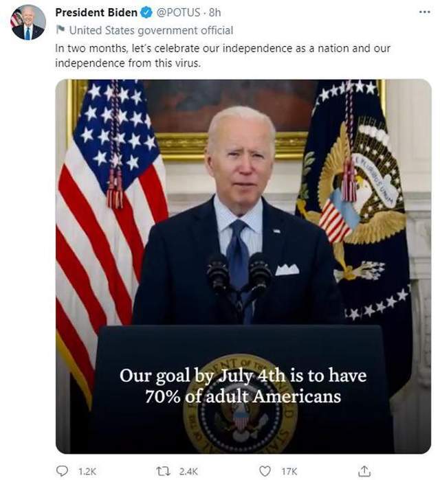 拜登新目标独立日前16亿美国人获得疫苗完全接种