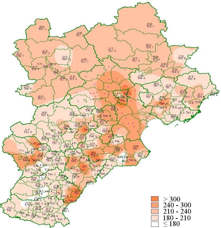 月平均氣溫分佈(圖2):張家口,承德兩市壩上地區4.9～6.