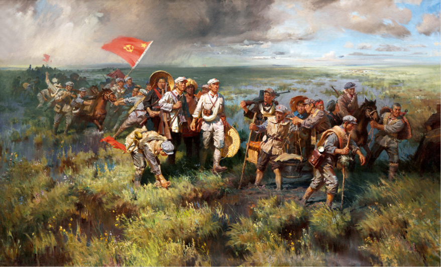 《红军过草地》(油画,张文源 绘,1977年,中国人民革命军事博物馆藏)"