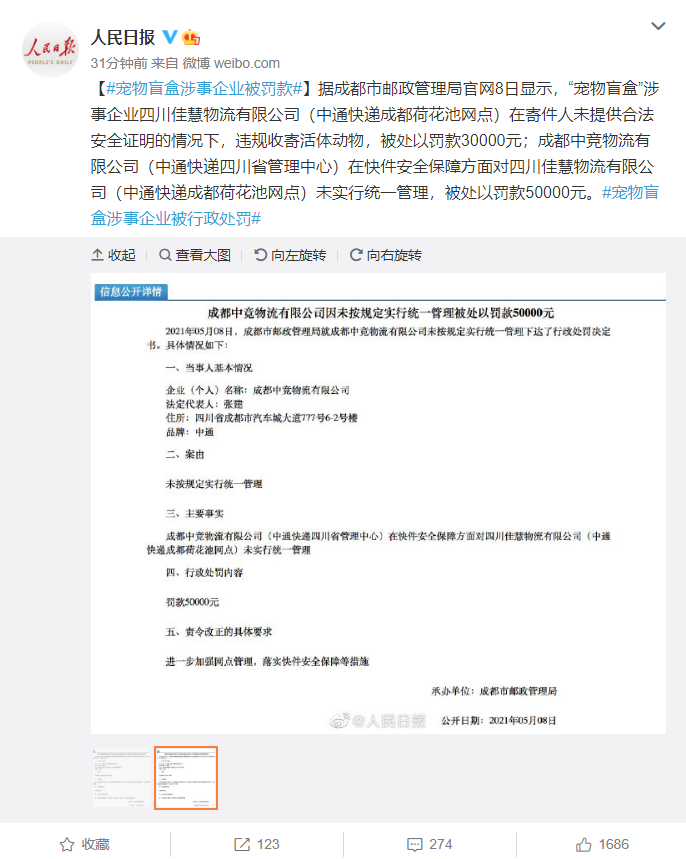 宠物盲盒涉事企业中通快递被罚款80000元
