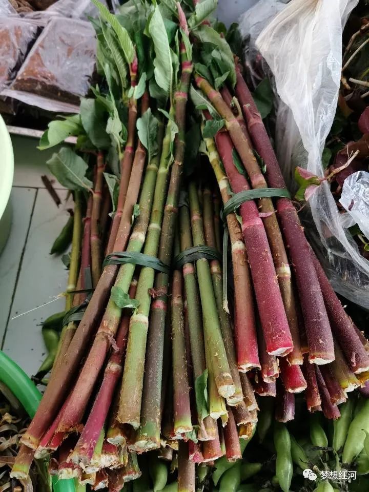 酸湯杆生長在草叢裡,採摘時有點費力,把它的外皮撕掉後,綠茵茵,水滔滔