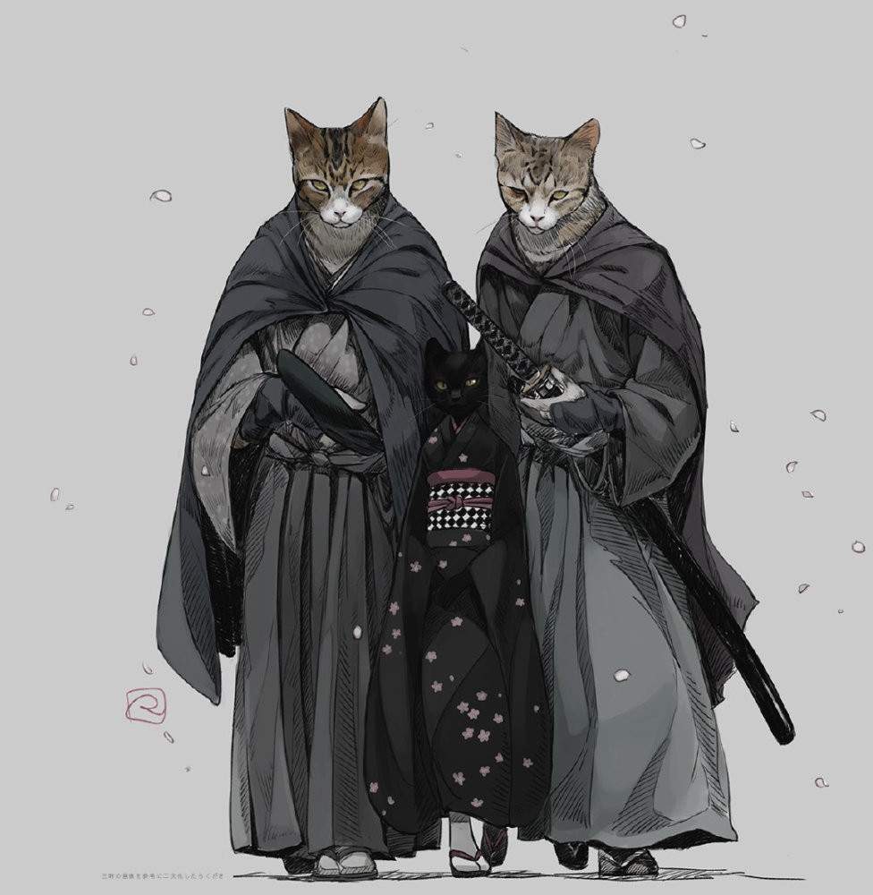 画师将猫咪拟人化成武士站位都不带变的眼神很犀利