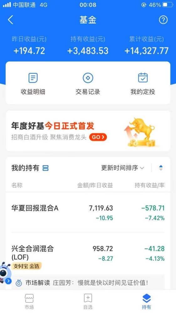 今天一看支付宝基金有跌了大盘太弱了