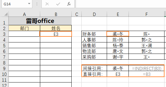 实例还是那个例子,b3单元格里是"e3,如果我们用indirect函数输入=