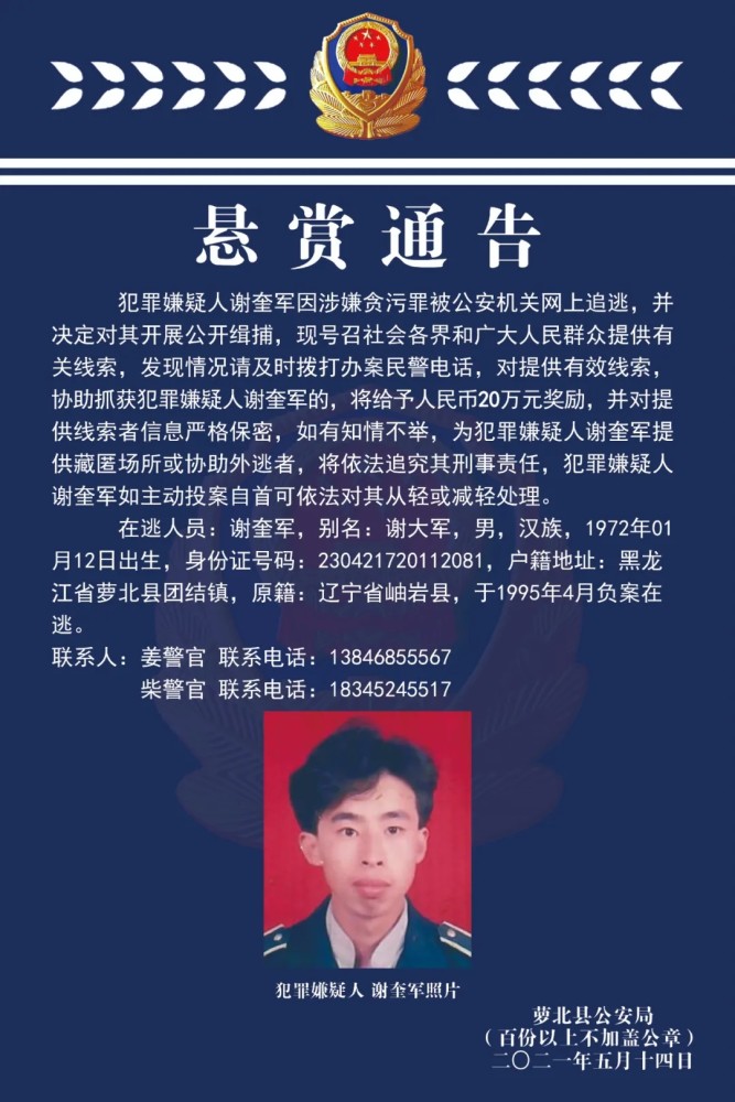 涉嫌贪污在逃黑龙江警方悬赏20万元抓他