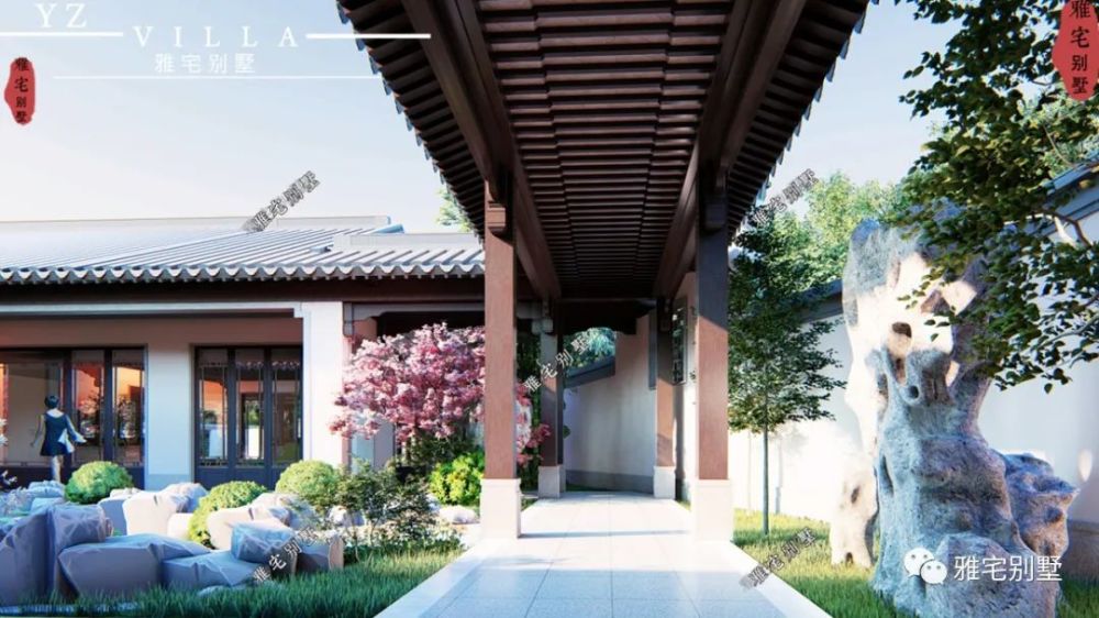 安徽民宅安徽六安一层中式合院别墅院内风雨连廊水波荡漾