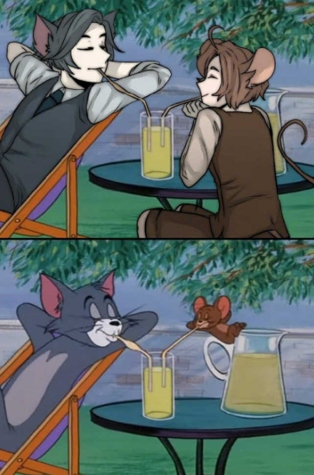 猫和老鼠拟人化杰瑞和汤姆进行击剑同时共饮一杯果汁