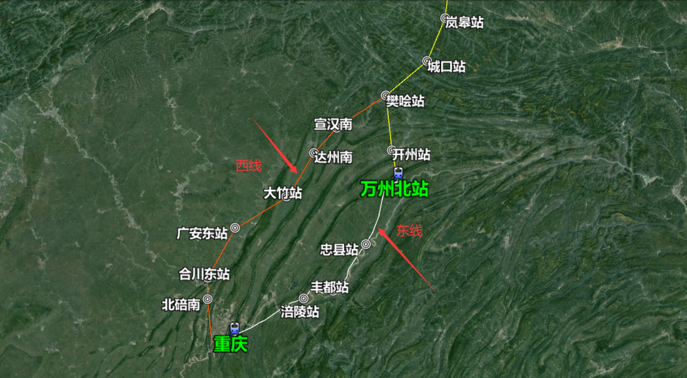 分为东西线,西线经樊哙,宣汉南,达州南,大竹,广安东,合川东,北碚南,到