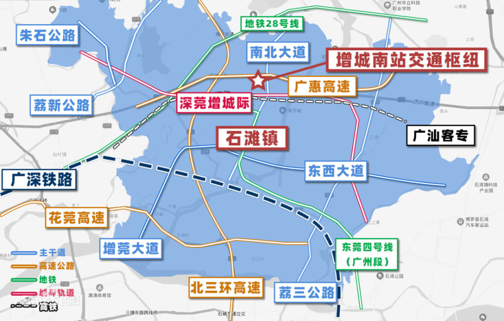 新城大道(已通车"四高速 珠三角环线高速,广惠高速,花莞高速