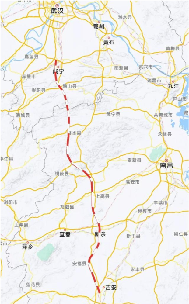 建設設計時速為350km/h,起點京廣高鐵咸寧北站,向南經過通山縣,修水縣