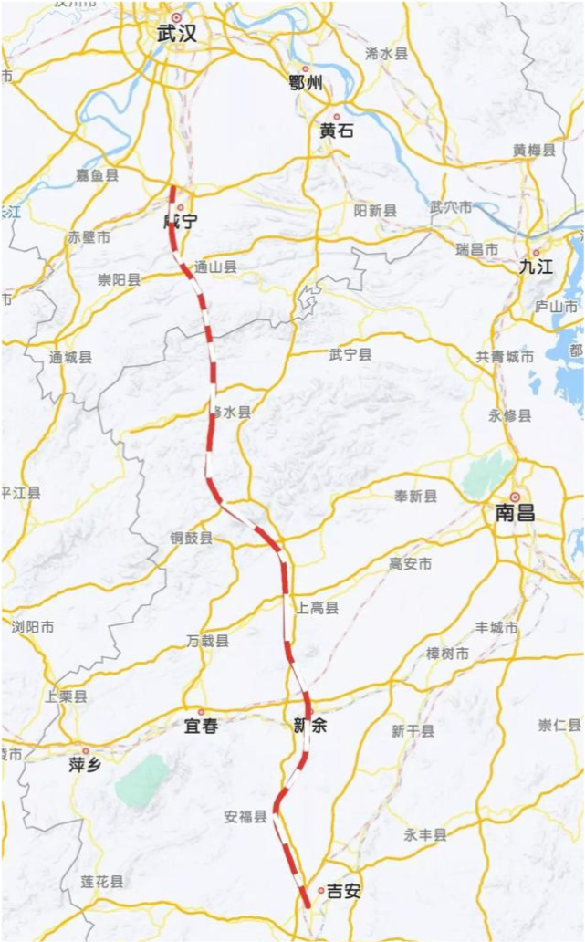 建设设计时速为350km/h,起点京广高铁咸宁北站,向南经过通山县,修水县