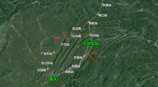 東線經樊噲,開州,萬州,忠縣,豐都,涪陵,重慶東站.