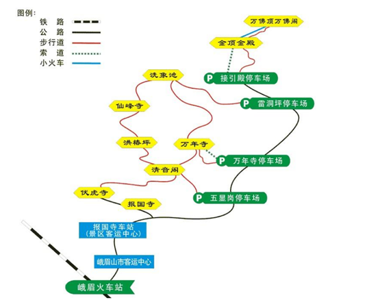 這張圖是峨眉山的一個路線圖,黃色的是可以步行上山遊玩路線,不想體驗