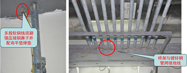 1)桥架与镀锌钢管末端用≥4平方mm2多股软线或编织铜线跨接 2)多股软