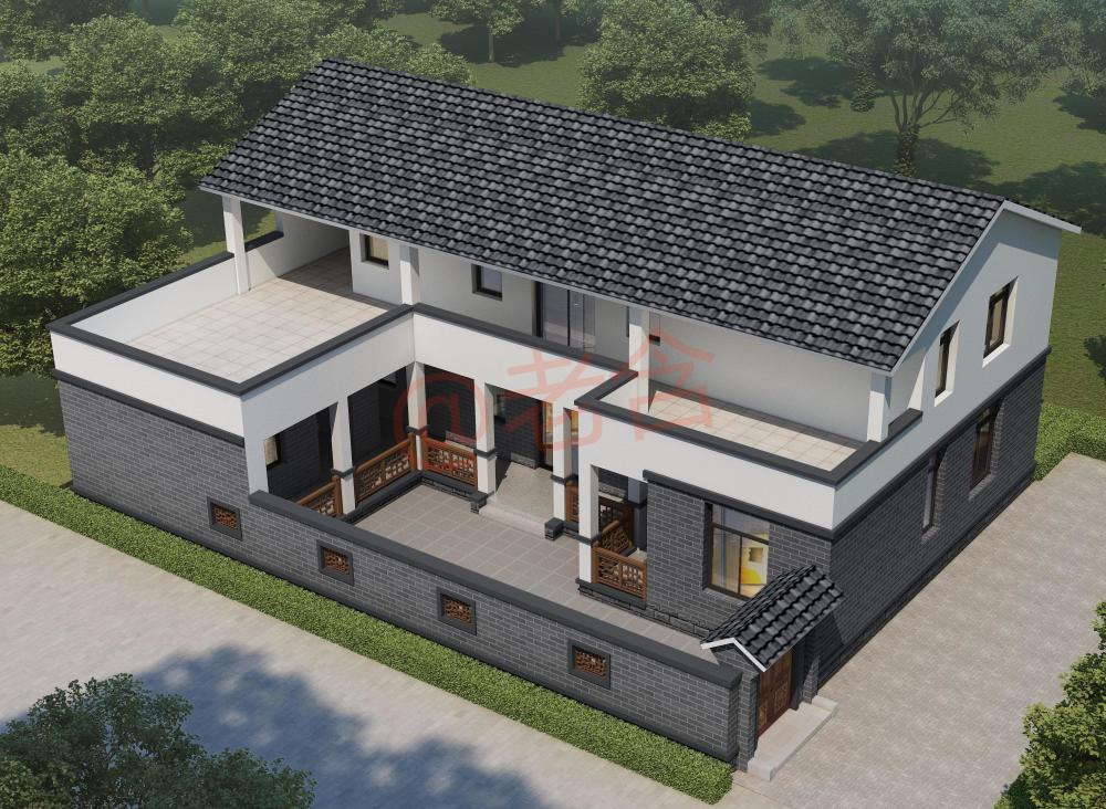 近几年来农村非常流行新中式仿四合院的设计图,整体以黑白灰为主,白墙