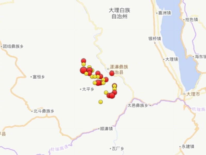 18日至今漾濞县共发生三级以上地震30次最大为64级