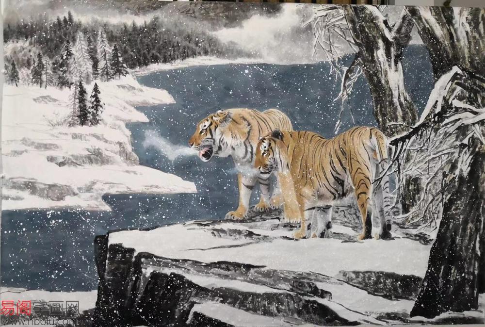 工笔国画虎欣赏虎啸山林展雄风