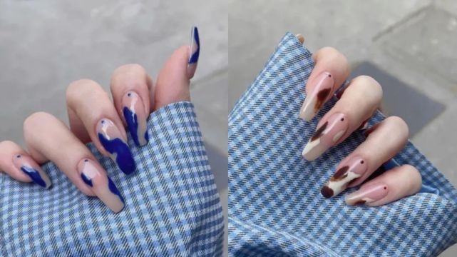 适合夏天的奶牛纹美甲克莱因蓝琥珀又奶又温柔谁做谁好看
