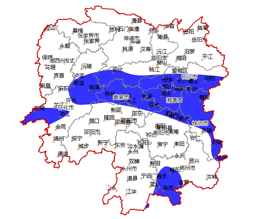 日20時,受降雨影響,瀏陽市大部,長沙縣東部,寧鄉市大部,望城區西南部