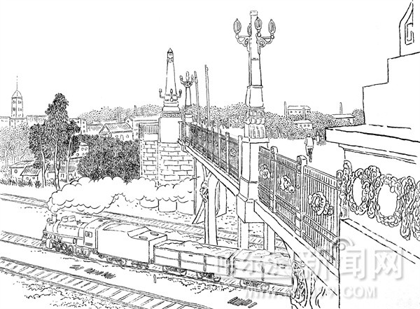 動力路)兩側分別是高大的廠房和整齊的宿舍樓;霽虹橋下火車噴吐著蒸汽