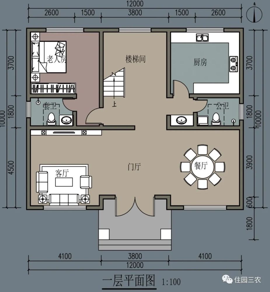 平面图上,可以看到一层客厅和玄关,餐厅一体,显得屋内空间很大,很宽敞