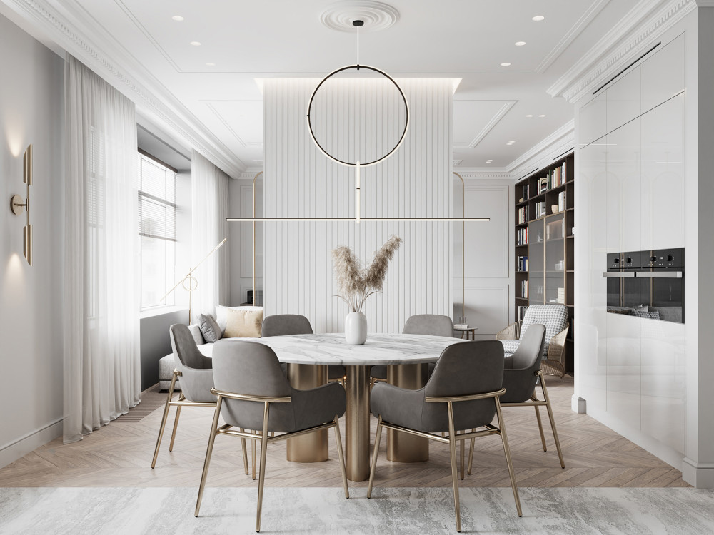 独立式餐厅有着十分充裕的空间,可靠墙设置到顶式餐边柜,既能满足收纳