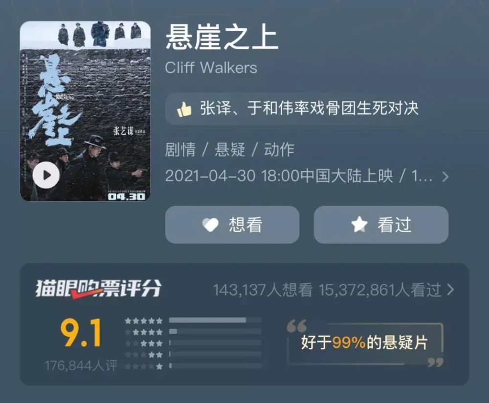 五一上映的电影真的不少,但一部名为《悬崖之上》的谍战电影在5月4日