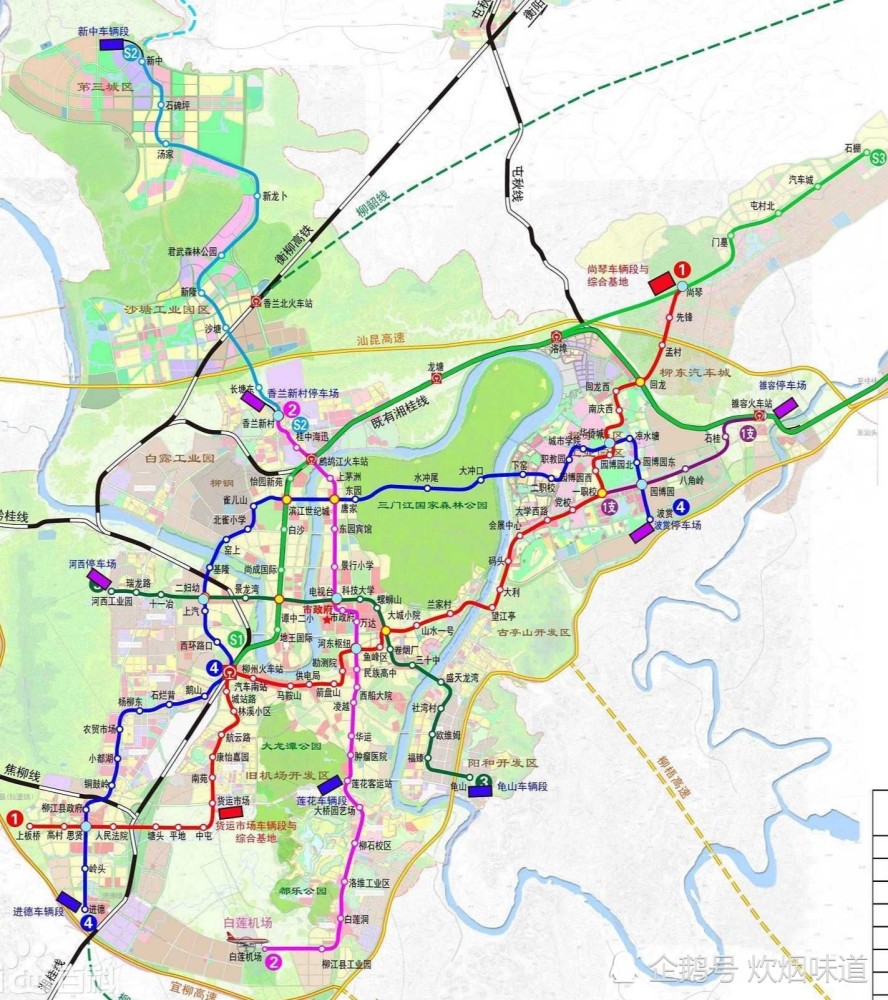 广西柳州市规划了7条地铁(轻轨)线路,分别是1～4号线,和s1～s3号线