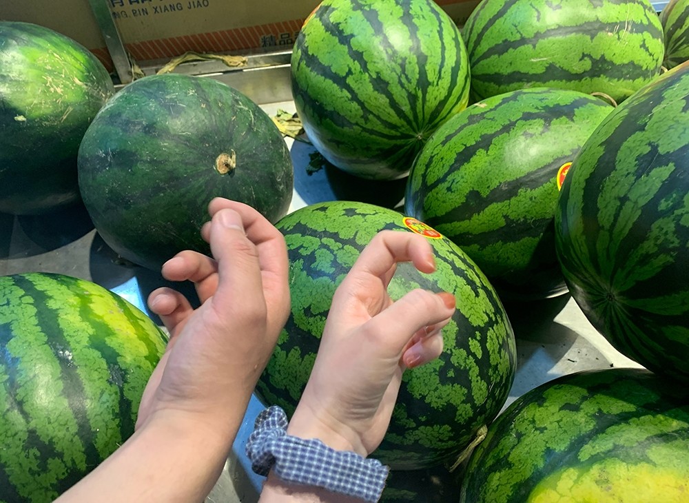 首先看西瓜底部的脐圈,脐圈大并微凹生长时间充分,果实会更甜第二看