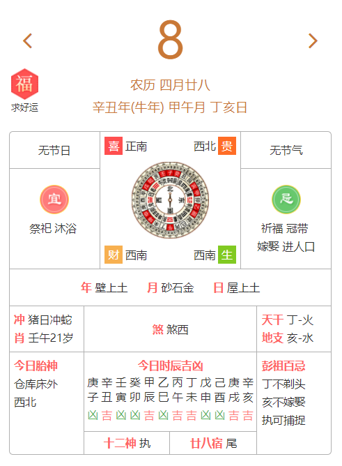 6月8日黄历宜忌,沐浴吉日。