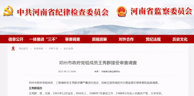 河南邓州市政府党组成员王秀群接受审查调查