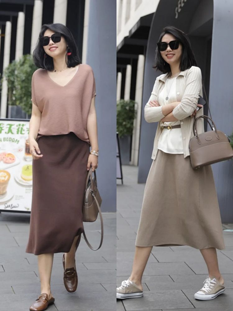 40岁微胖女人穿半裙时,请记住4个原则,一裙多穿超级显气质