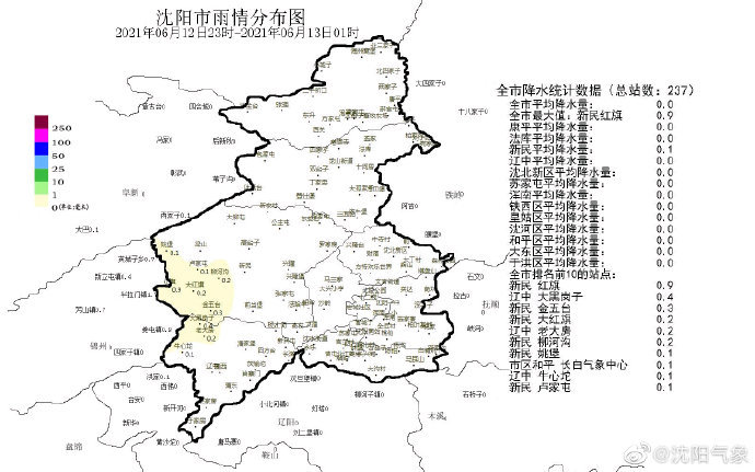 瀋陽氣象6月12日23時發佈:目前新民,遼中出現分散性陣雨天氣