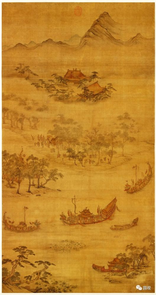 画了三艘龙舟在河中竞渡主龙船装饰华丽舟中设有一亭亭子内有许多女侍