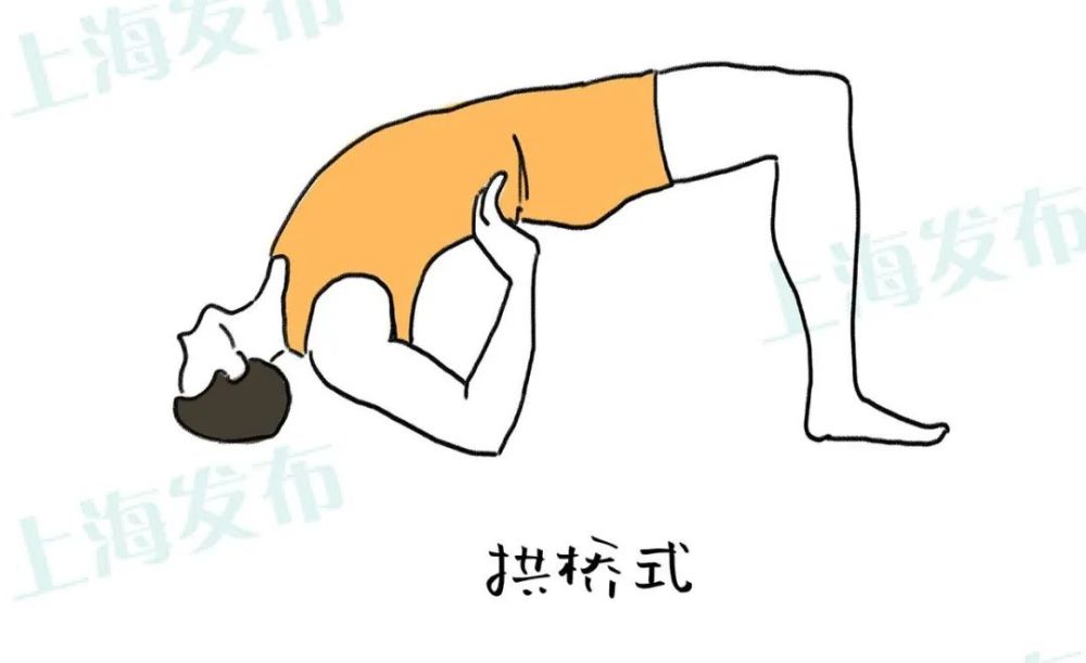 "飞燕式"俯卧床上,双臂放于身体两侧,双腿伸直,然后将头,上肢和下肢