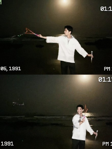 工作室晒肖战海边夜游视频 唱歌玩泡泡机画面治愈