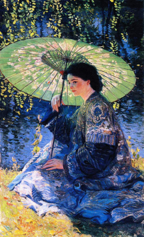 油画中撑伞的女子