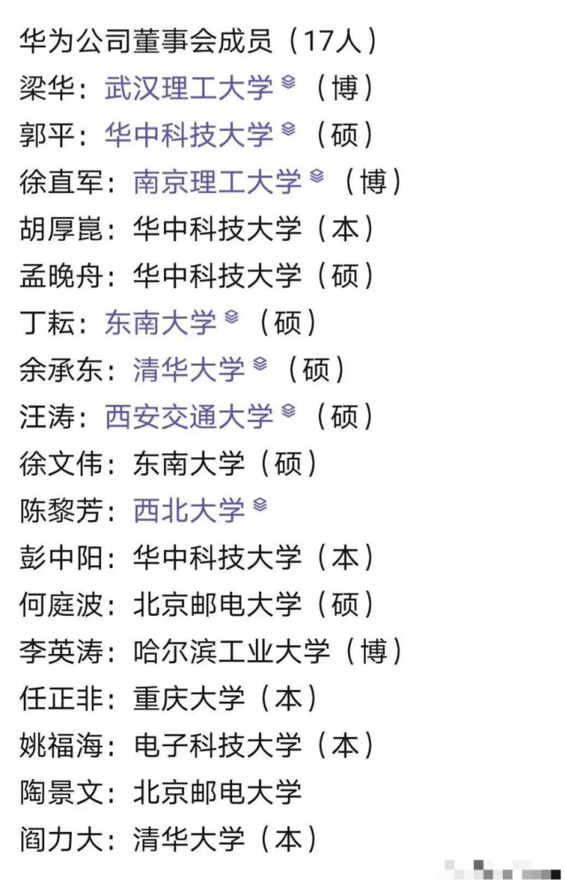 华为董事会17位成员:三位博士,四位毕业于华中科大,都是211大学