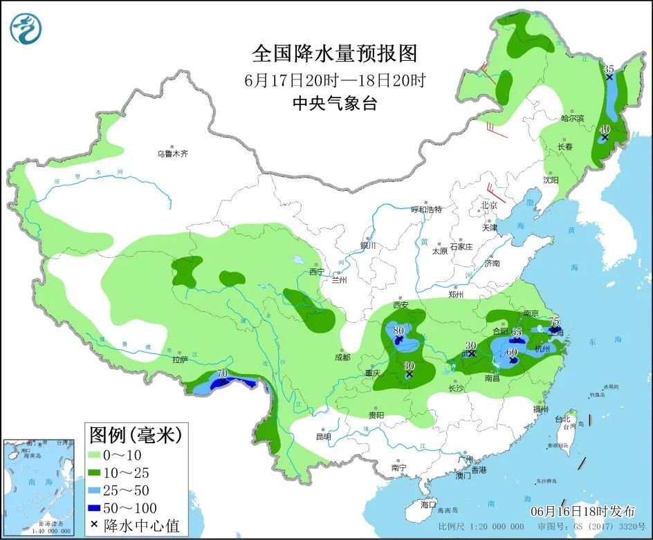 全国降水量预报图(6月17日20时-18日20时)