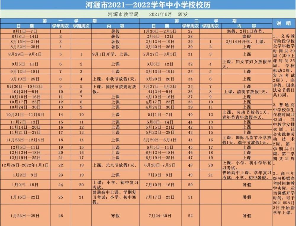 《 河源市2021-2022學年 中小學校校歷》