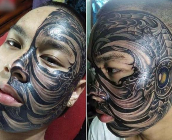 男子半张脸纹满纹身像戴着面具,如今父母不让回家也找不到工作