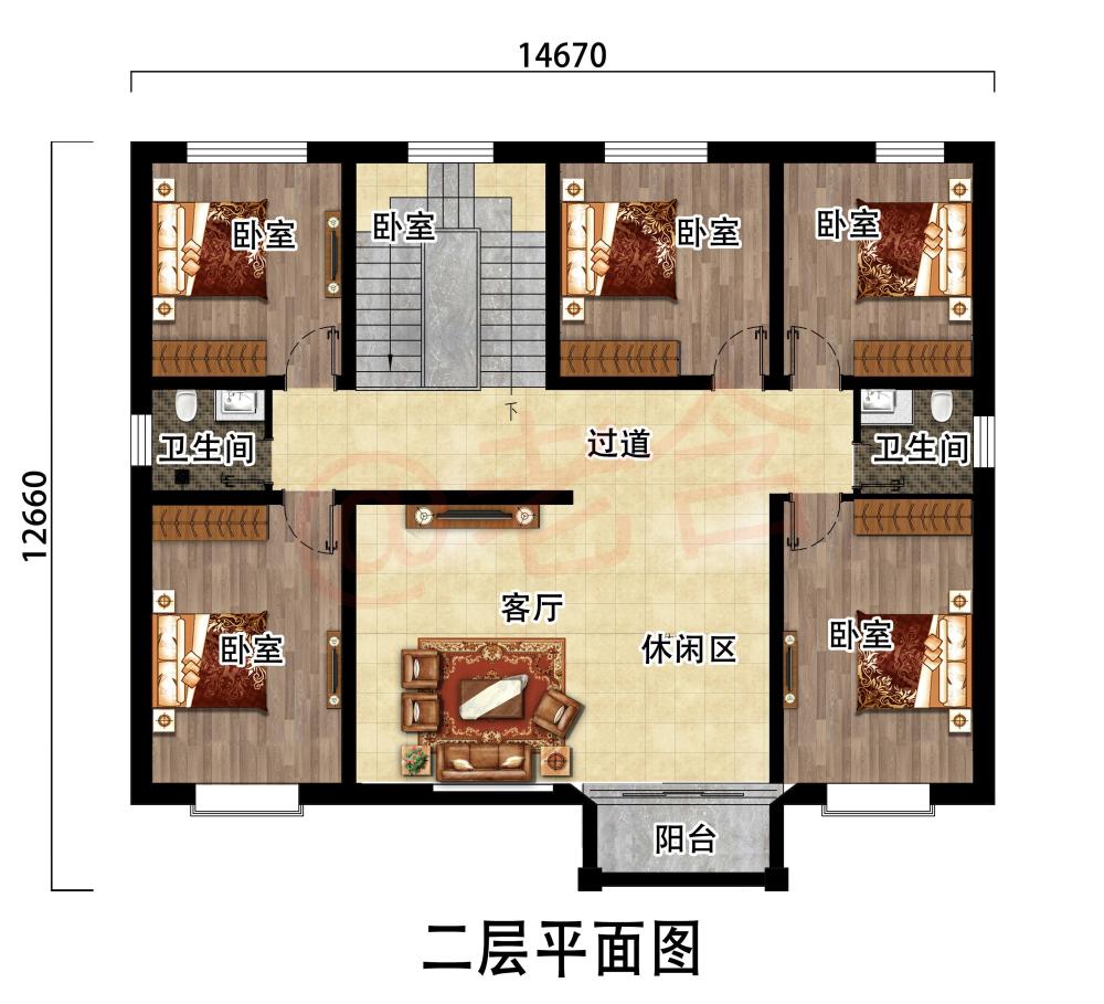 这样的别墅户型设计非常适合农村,尤其是对于大家庭来说,卧室多就是
