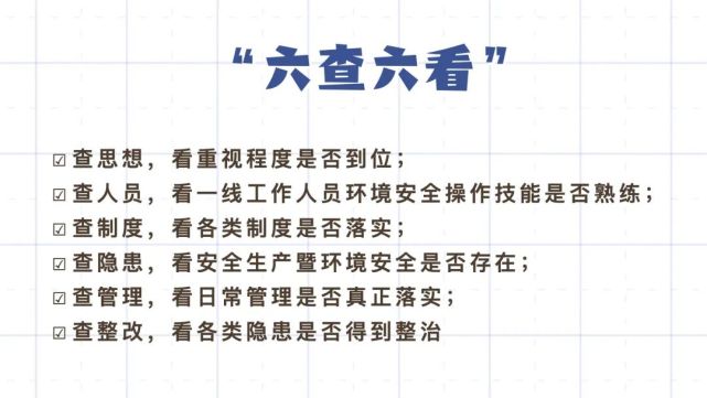 发现问题及时整治要求企业围绕"六查六看"进行动员部署对环境安全隐患