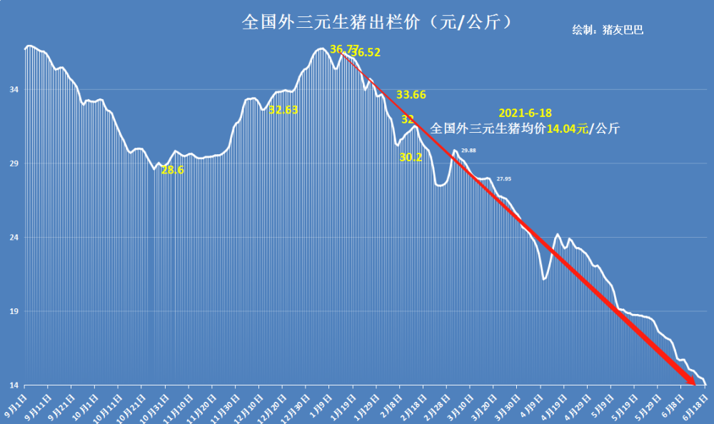 據豬價行情繫統顯示,6月18日,今日全國生豬出欄均價跌至14.